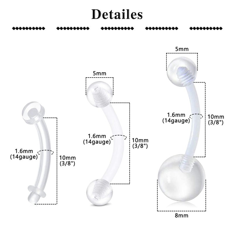 QWALIT 14g Clear Belly Button Rings Bioflex Plastic Belly Ring Navel Piercings Retainers for Work Surgery 3/8" 10mm - Image 2